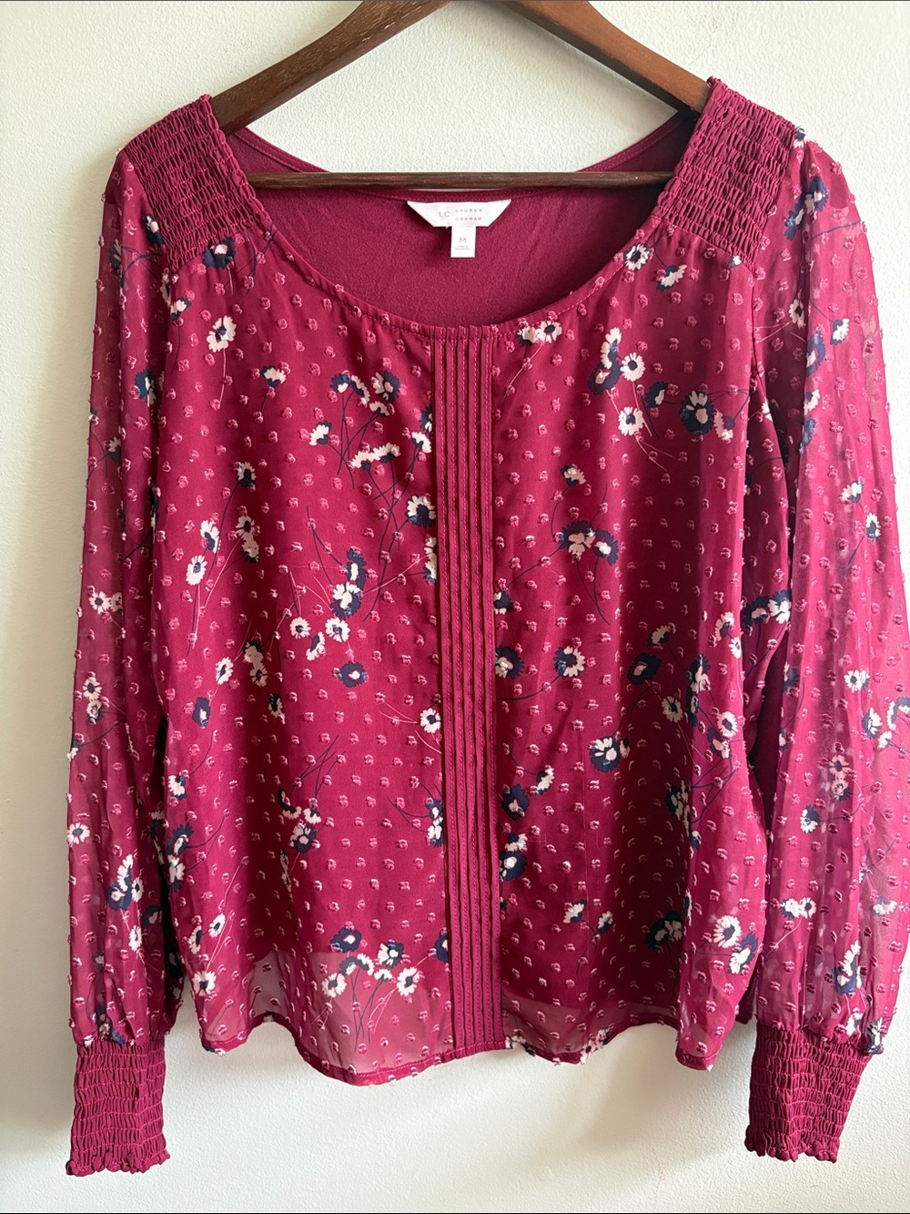 LC Lauren Conrad Floral Swiss Dot Smocked Blouse Burgundy Medium
